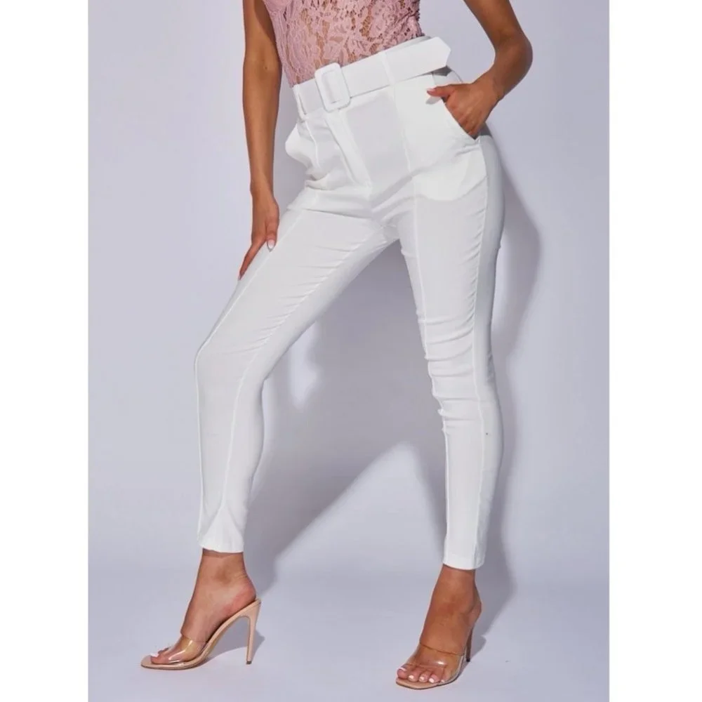 White High Waist Buckle Belt Tapered Cropped Straight Leg Ankle Pants - Picture 12 of 14